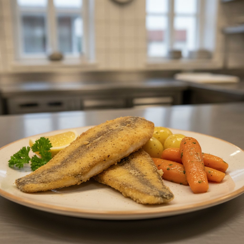 Пържена риба с картофи, моркови и лимон