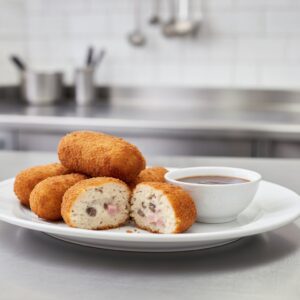 Пилешки крокети с шунка и гъби, панирани до златисто
