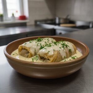 Сарми от зелеви листа с месо, поднесени със застройка