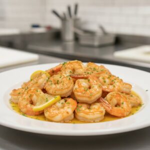 Сотирани скариди с чесън, масло и лимон в бяла чиния
