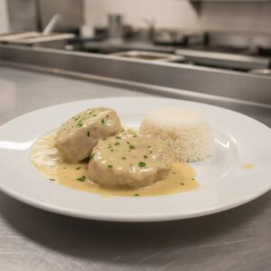 Телешко фрикасе в бял сос със застройка и ориз