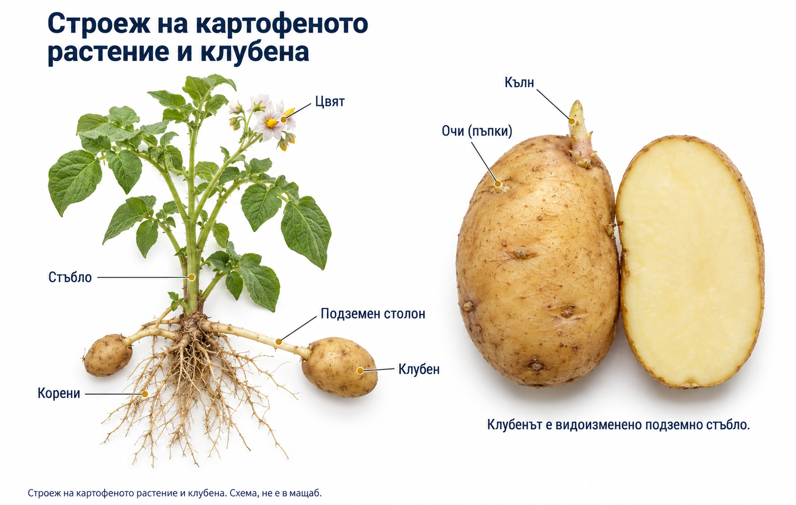 Строеж на картофеното растение и клубена: цвят, стъбло, корени, подземен столон, клубен, очи и кълн.